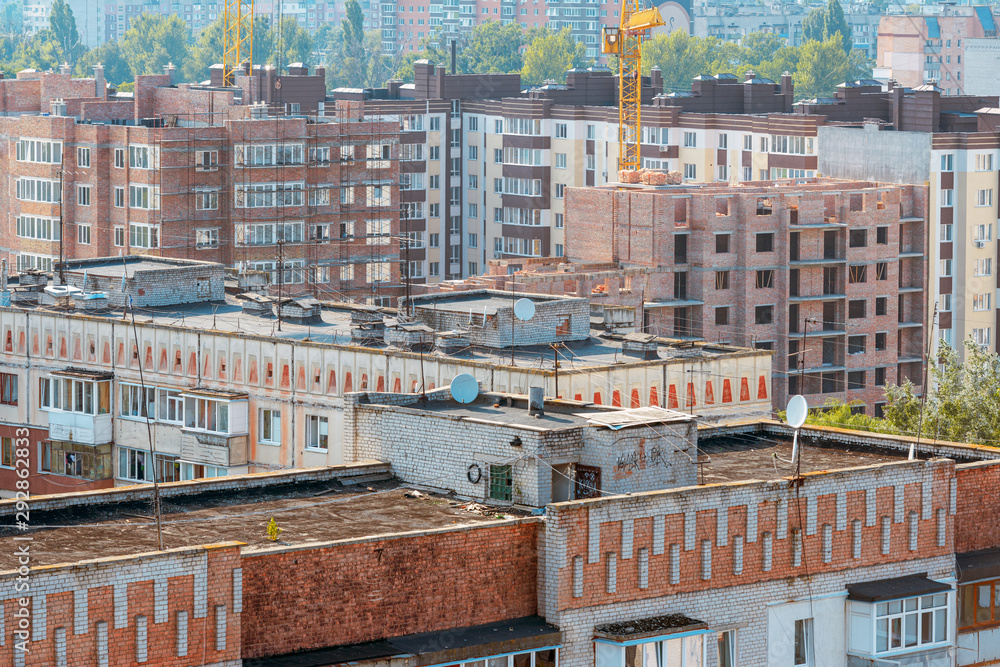 28/07/2019 Zhytomyr, Ukraine, mix of multi-storey roofs of both new and Soviet times buildings in the sleeping area