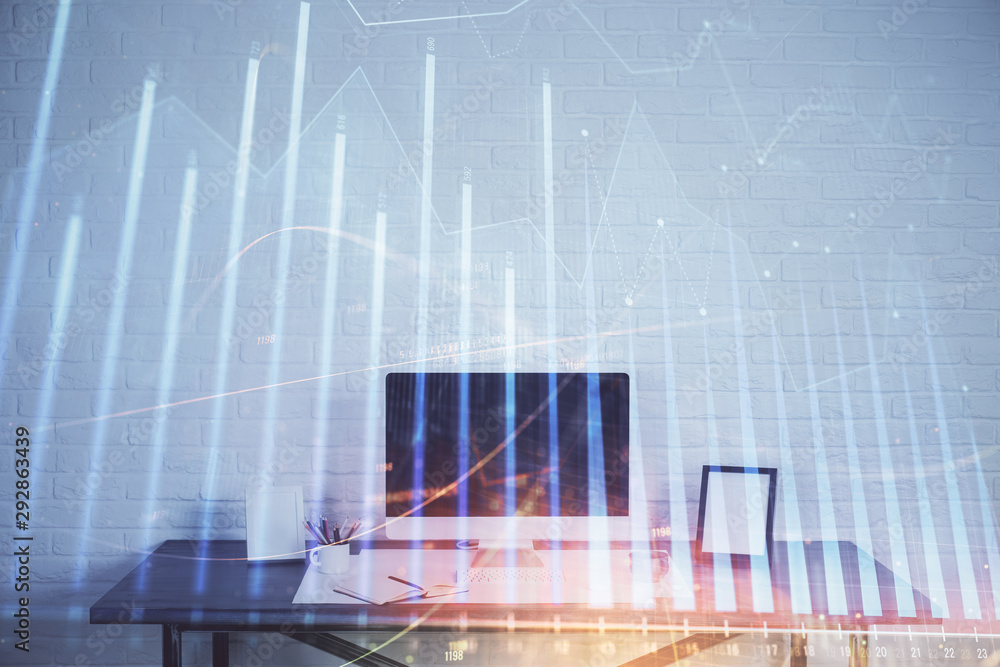 Stock market graph and table with computer background. Double exposure. Concept of financial analysis. Stock market graph and table with computer background. Double exposure. Concept of financial analysis.