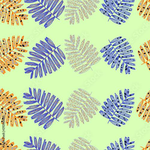 Pattern of tropical beach leaves, palm, monstera, orange and purple colors. Background, texture, print