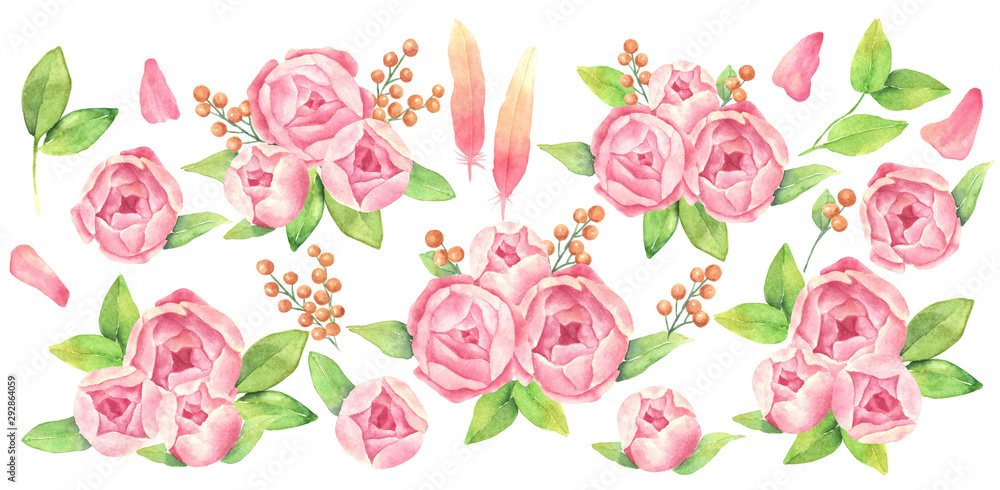 A set of floral elements, isolated object on the white background. Watercolor hand drawn peony, leaves, bird feathers, branch of berries and petals A set of floral elements, isolated object on the white background. Watercolor hand drawn peony, leaves, bird feathers, branch of berries and petals