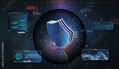 HUD UI. Abstract virtual graphic touch user interface. Cyber security concept: Shield With  icon on digital data background. Internet technology cyber security concept of protect computer virus attack