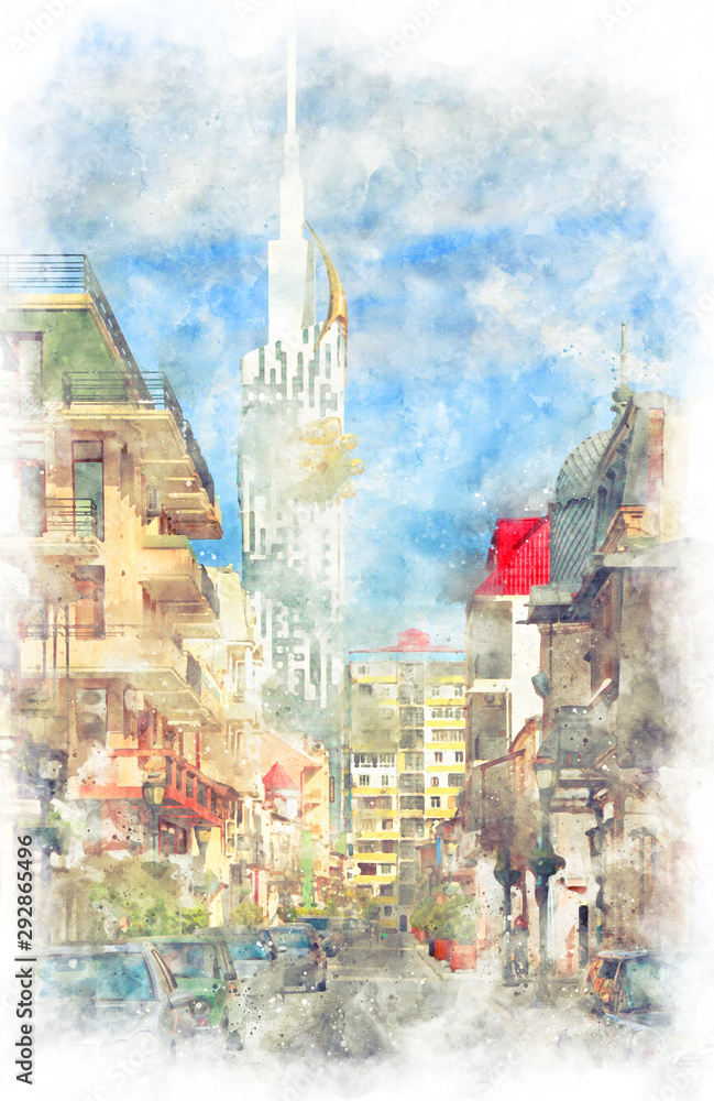 Naklejka premium Digital illustration in watercolor style of narrow street of the old city in the center of Batumi with Batumi Tower at the and, Georgia