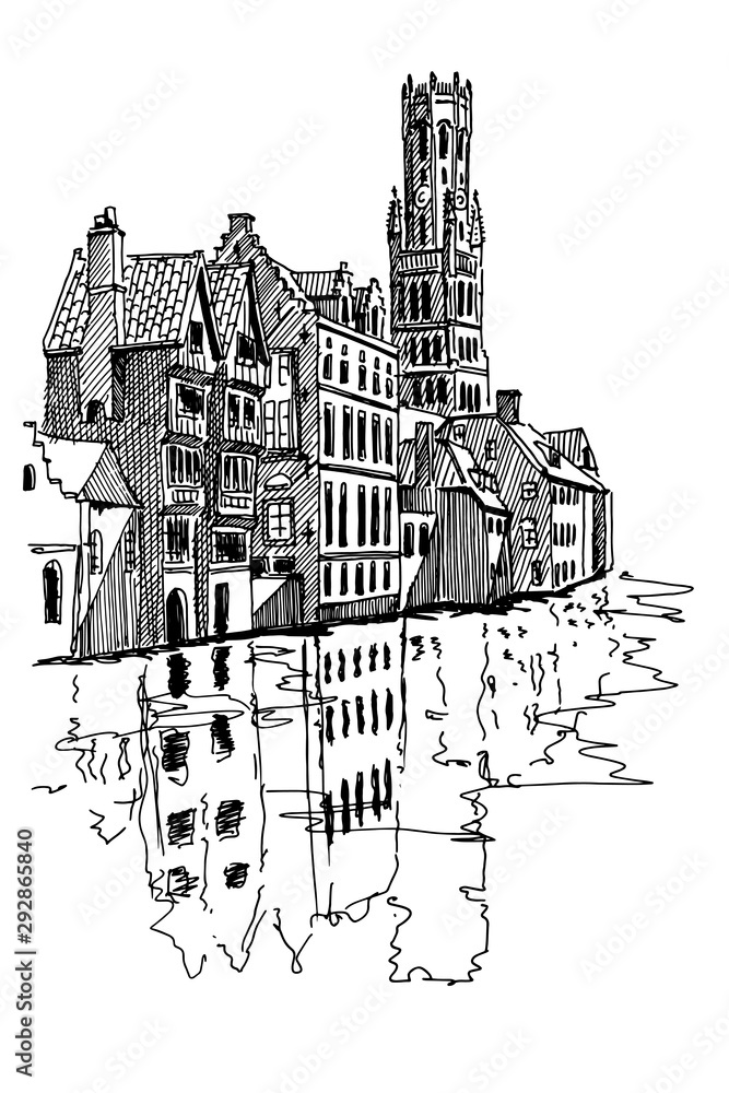 vector sketch of the Rozenhoedkaai canal in Bruges with the belfry in the background.