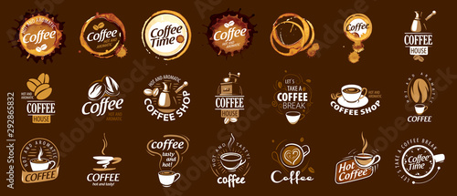 Set of coffee logos. Vector illustration on brown background