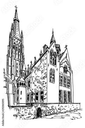 Vector sketch of Church of Our Lady, Onze Lieve Vrouw Brugge, Belgium. photo