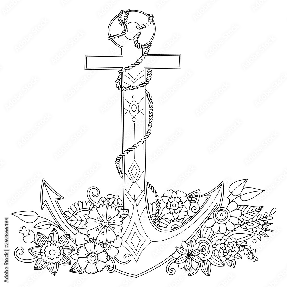 coloring page with anchor in flowers Stock Vector | Adobe Stock