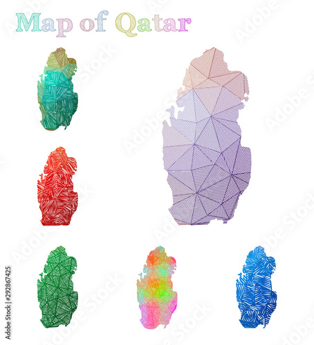 Hand-drawn map of Qatar. Colorful country shape. Sketchy Qatar maps collection. Vector illustration.