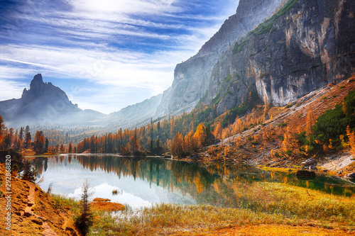 Fantastic autumn landscape. View on Federa Lake early in the morning at autumn