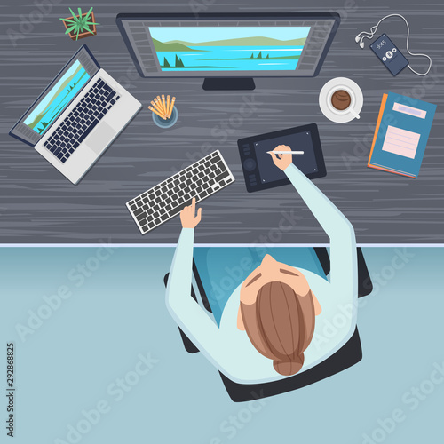 Workspace top view. Freelance office table and manager or freelancer working at computer sitting at the desk vector picture. Freelance drawing on workplace, modern draw illustration use computer