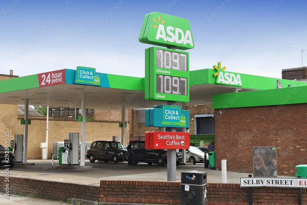 LONDON, UK JULY 9, 2016 Petrol prices at Asda gas station in London