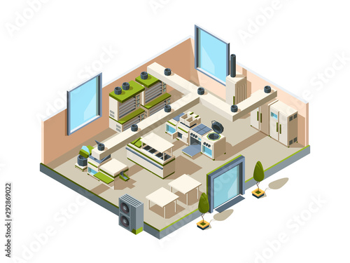Restaurant kitchen. Cafe interior with furniture equipment for cooking and making food steel tables refrigerators ovens vector isometric. Interior kitchen restaurant with equipment cook illustration