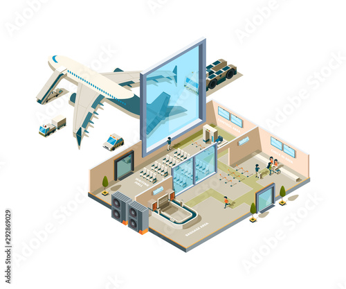 Airport terminal building. Vector crossection arrival interior entrance security service caffe luggage conveyor stores vector airport equipment. Airport departure and arrival terminal illustration