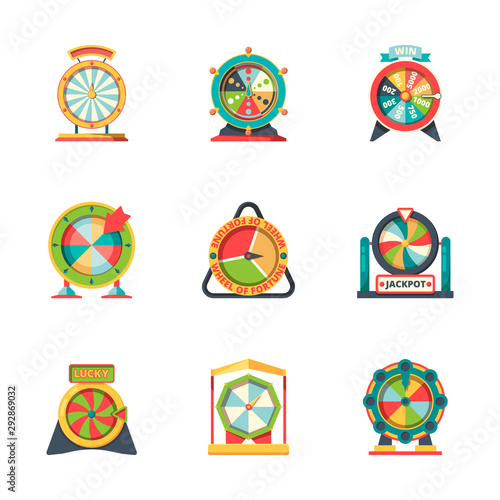 Wheel fortune. Lucky circle symbols roulette casino gambling game vector fortune icons flat style. Jackpot lucky wheel fortune, lottery roulette game illustration