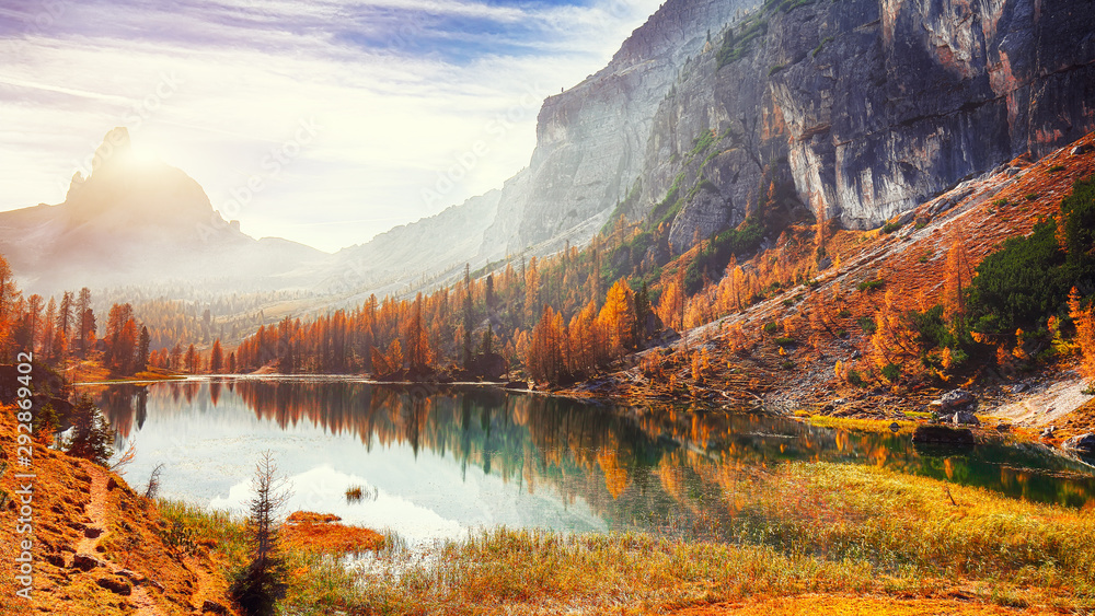 Fantastic autumn landscape. View on Federa Lake early in the morning at autumn