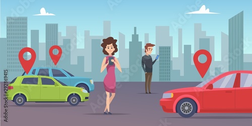 Car sharing. Man and woman looking for vehicle with smartphone app. Rent car online. Woman and man fing car and taxi illustration