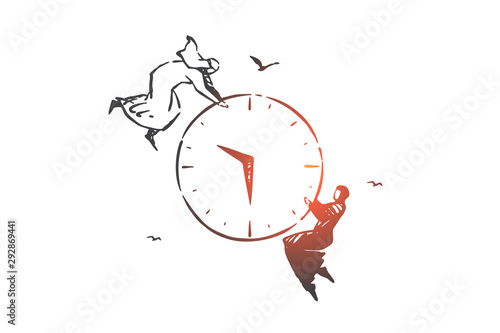 Time management, teamwork concept sketch. Hand drawn isolated vector