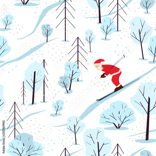 Seamless festive pattern with winter forest and santa claus. Santa Claus is skiing. Scandinavian landscape with firs and snowy trees. Creative illustration for the children. Flat cartoon style