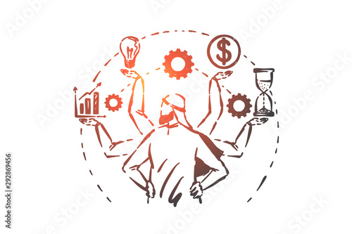Multitasking, time management concept sketch. Hand drawn isolated vector