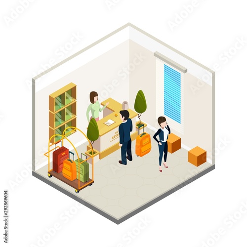 Hotel reception. Isometric hostel receptionist tourists. Hotel info desk vector illustration. Check-in hotel reception desk