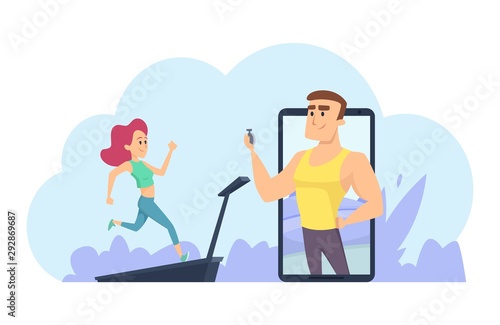 Online fitness coach. Personal training vector concept. Online training vector illustration with running girl. Fitness coach watching to woman do exercise