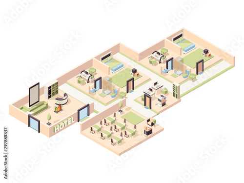 Hotel interior. Modern luxury hotel rooms lounge zone pool comfortable restaurant bathroom parking vector isometric. Interior hotel cross-section, apartment and lounge illustration