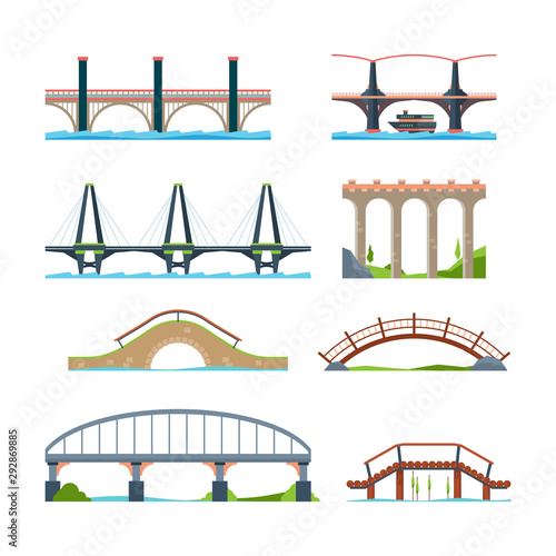 Bridges flat. Architectural urban objects bridge with column or aqueduct beam vector pictures. Illustration road building viaduct and bridge woth column