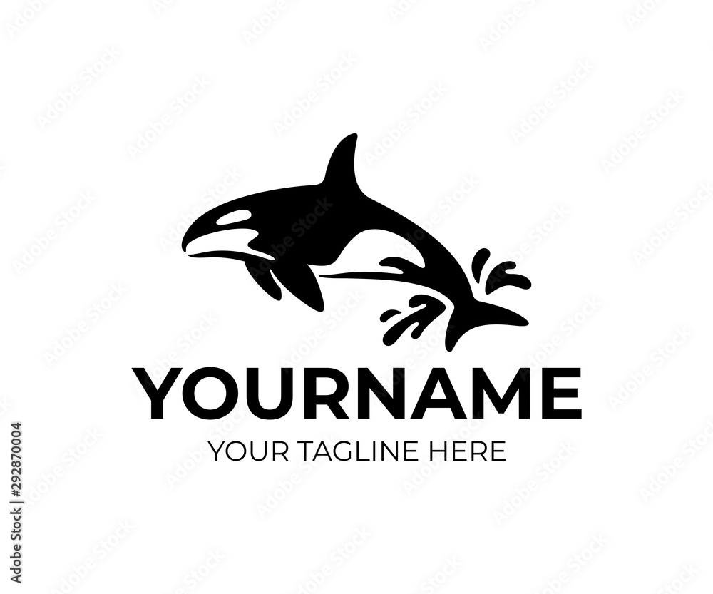 Killer whale jumping out of water with drops, logo design. Animal, fish, mammal and underwater life, vector design and illustration Killer whale jumping out of water with drops, logo design. Animal, fish, mammal and underwater life, vector design and illustration