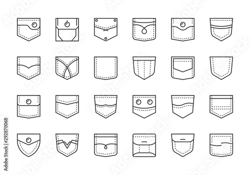Pocket patches. Textile uniform pockets shapes for clothes bag vector pictures collection. Pocket and patch for jacket and jeans illustration