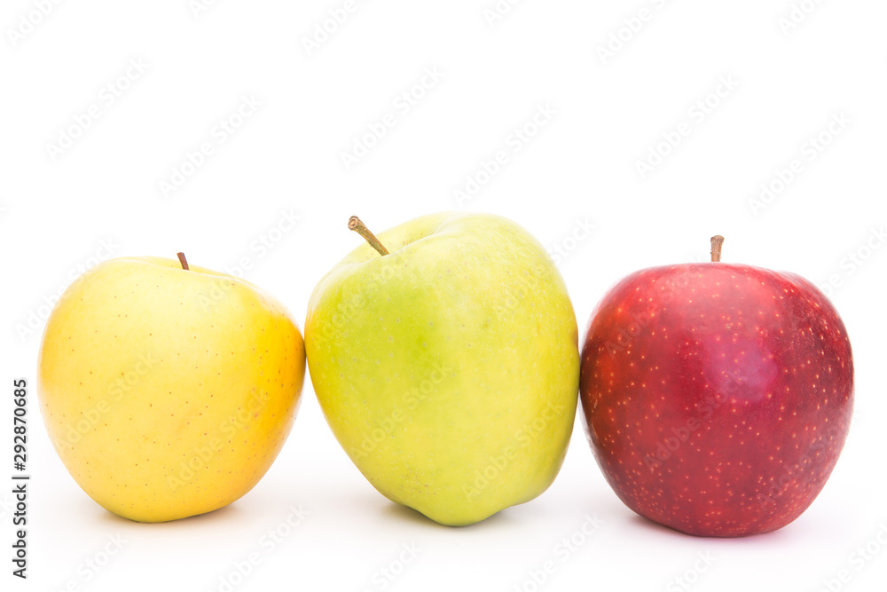 Fresh Green, Yellow and Red Apples with Dewdrops Isolated on White Background Fresh Green, Yellow and Red Apples with Dewdrops Isolated on White Background