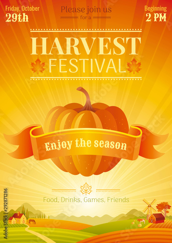 Harvest festival poster. Fall party invitation design. Thanksgiving day - american traditional family holiday. Autumn pumpkin vegetable, landscape background, food, agriculture vector illustration.