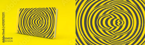 Cover design template. Black and yellow pattern with optical illusion. Applicable for placards, banners, book covers, brochures, planners or notebooks. 3d vector illustration.