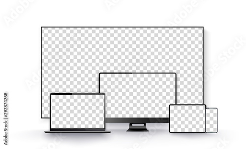 Realistic black television screen on a isolated background. Realistic set of Monitor, laptop, tablet, smartphone dark grey color. Template for infographics or presentation UI design interface. Vector