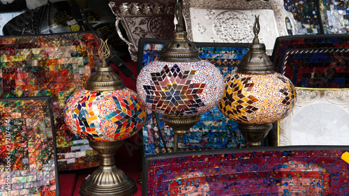 Traditional handmade Turkish lanterns hanging in souvenir shop 