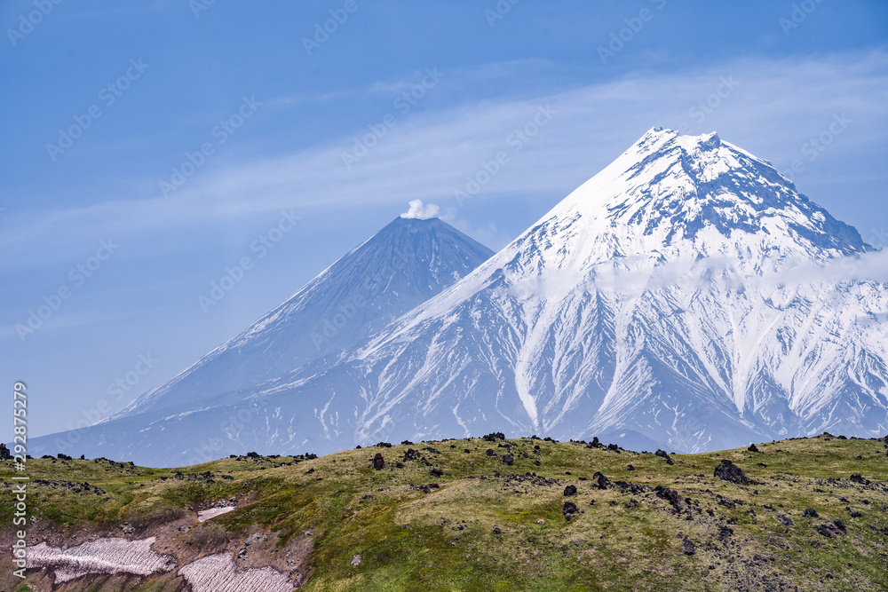 volcanic landscape: view on Kamen Volcano, active Klyuchevskoy Volcano and active Bezymianny Volcano