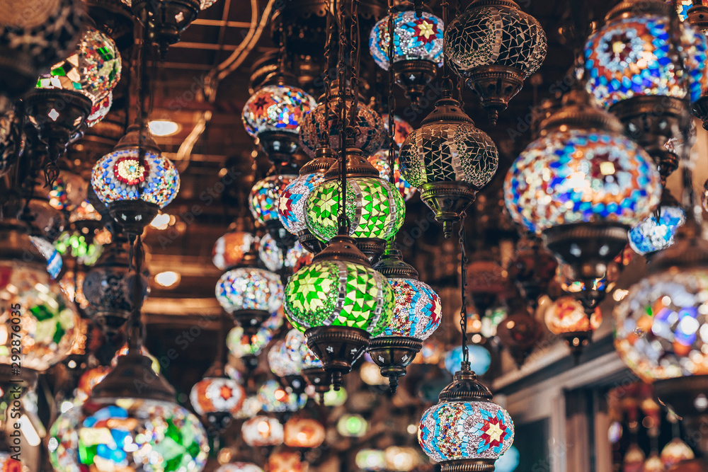 Shop with traditional mosaic multi colored turkish lamps or lanterns. Popular souvenir from Turkey.