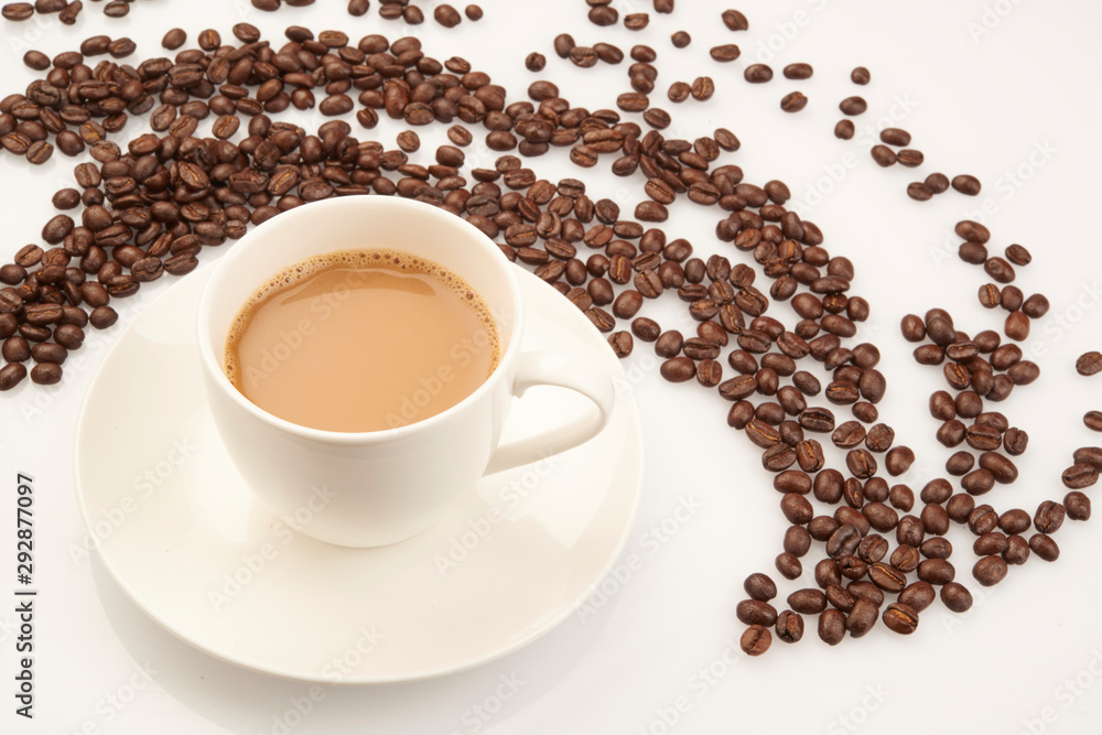 cup of coffee with beans on white background cup of coffee with beans on white background