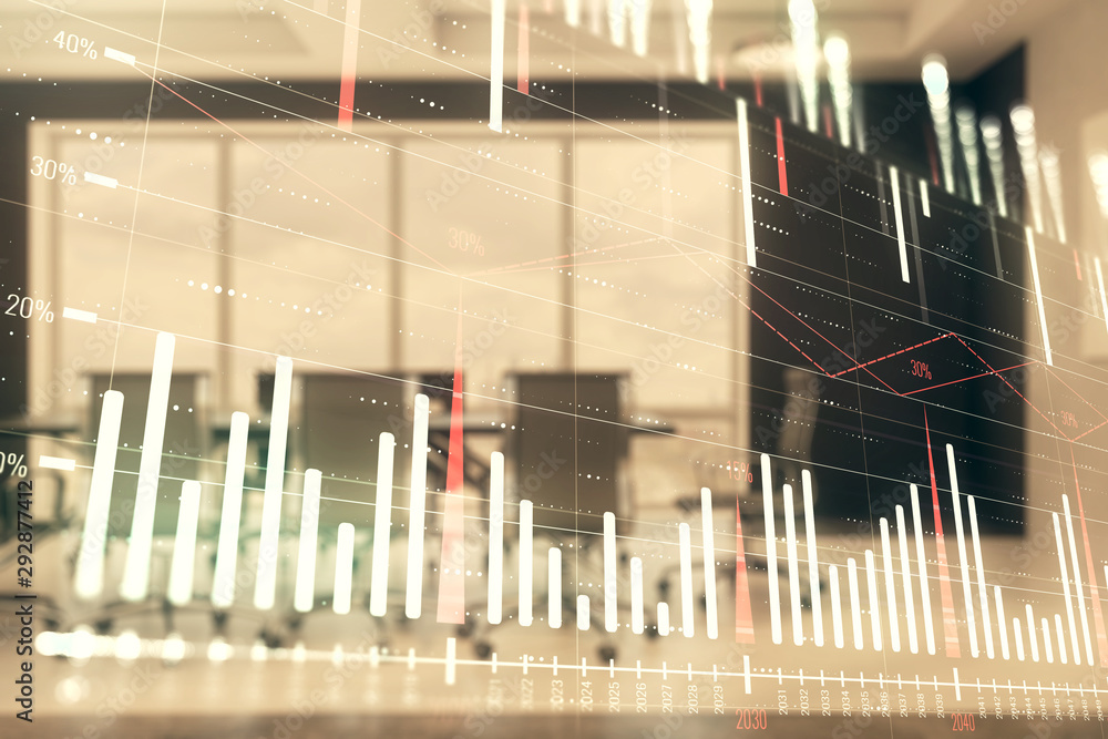 Double exposure of forex chart on conference room background. Concept of stock market analysis Double exposure of forex chart on conference room background. Concept of stock market analysis