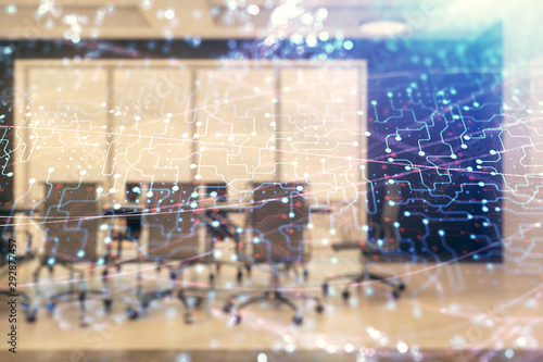 Double exposure of technlogy theme abstract hologram on conference room background. Concept of hightech