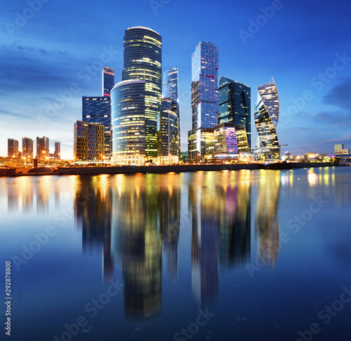 Moscow City skyline.  International Business Centre at night time with Moskva river. © TTstudio