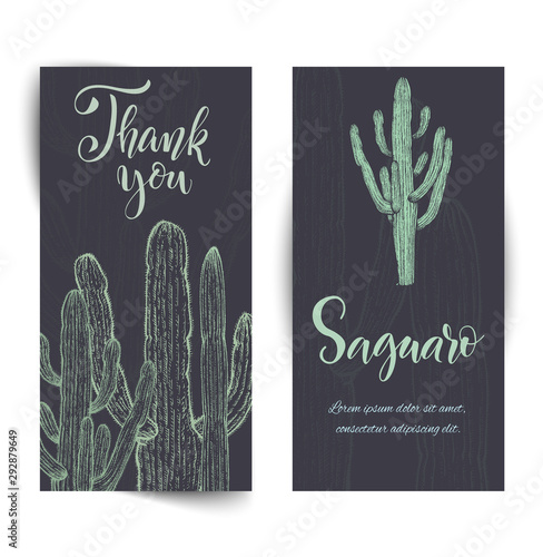 Set of banners with hand drawn saguaro cactus, sketch style vector illustration isolated on white background. Wild floral exotic tropical plant. photo