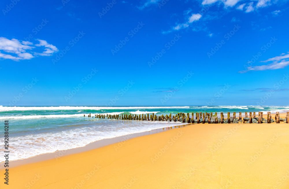 Φωτογραφία View of wooden pillars and stones on the beach of Seignosse, Landes, France