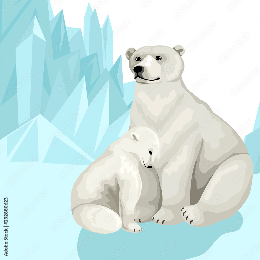 White polar bear with baby cub. Sit on the snow among the mountains of ice. Vector print card design White polar bear with baby cub. Sit on the snow among the mountains of ice. Vector print card design