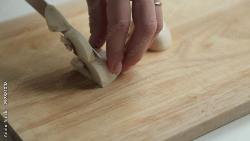 Cooking and slicing mushrooms. Content and macro photography for food blog. Cooking and slicing mushrooms. Content and macro photography for food blog.