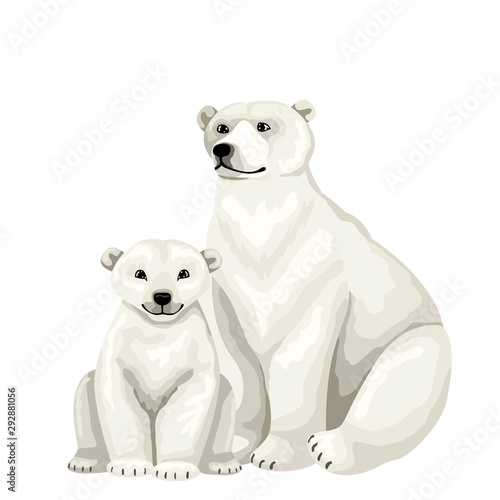 White bear with baby cub. Vector isolated characters on white background.