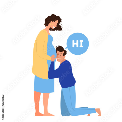 Man touching belly of pregnant wife and saying hi