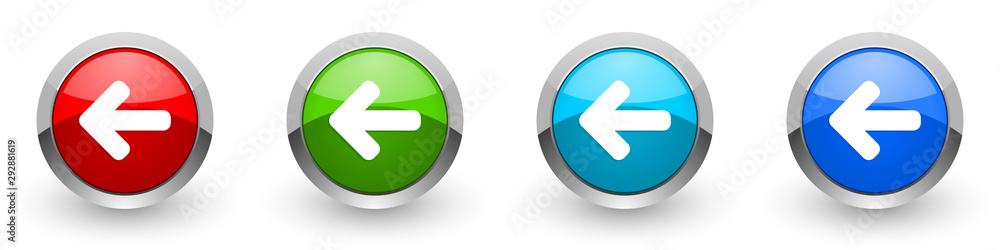 Left arrow silver metallic glossy icons, red, set of modern design buttons for web, internet and mobile applications in four colors options isolated on white background Left arrow silver metallic glossy icons, red, set of modern design buttons for web, internet and mobile applications in four colors options isolated on white background