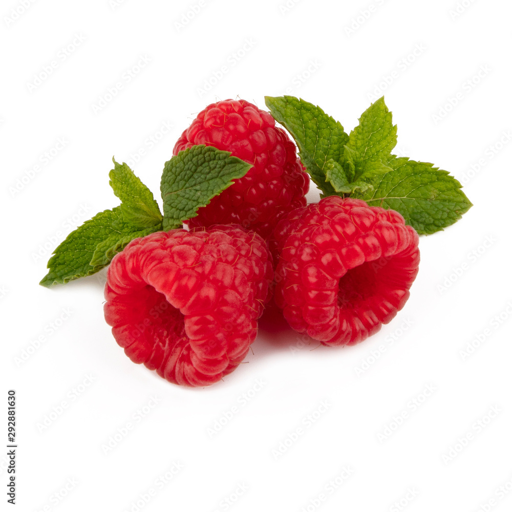 Isolated berries. Three raspberry fruits isolated on white background with green leaves Isolated berries. Three raspberry fruits isolated on white background with green leaves