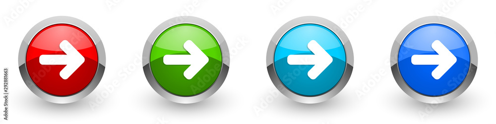 Right arrow silver metallic glossy icons, red, set of modern design buttons for web, internet and mobile applications in four colors options isolated on white background Right arrow silver metallic glossy icons, red, set of modern design buttons for web, internet and mobile applications in four colors options isolated on white background