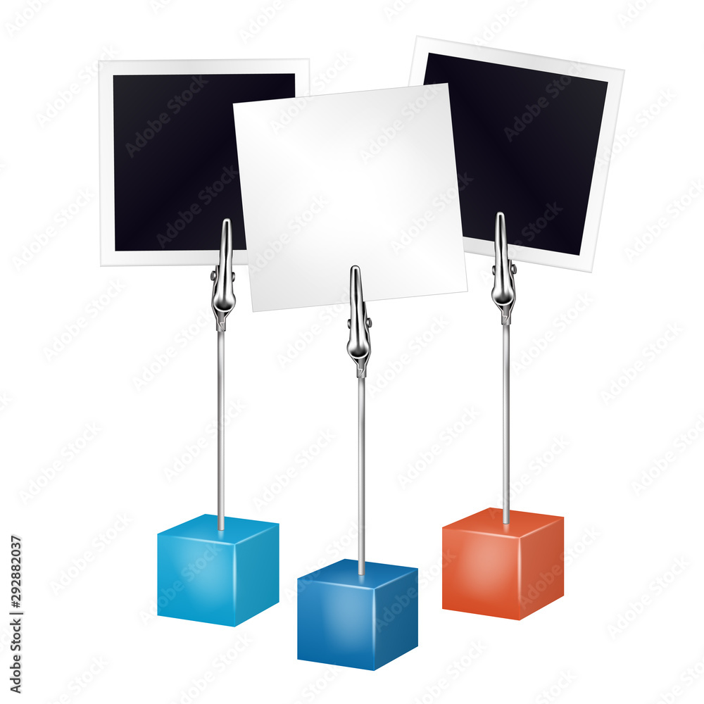 Two photo frames and white note on a metal memo holder clip. Photos and  memories card on wire silver clamps over white background. Photo album.  Vector illustration. Stock Vector | Adobe Stock