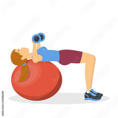 Bench press on fitness ball, exercise for chest. Woman